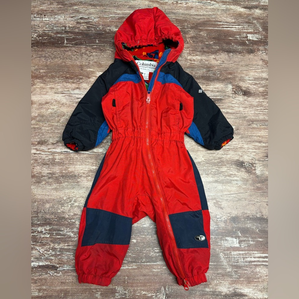 Columbia | Vintage! Red Navy Kids Hooded Snow One-Piece Snowsuit Warm Fleece 2T